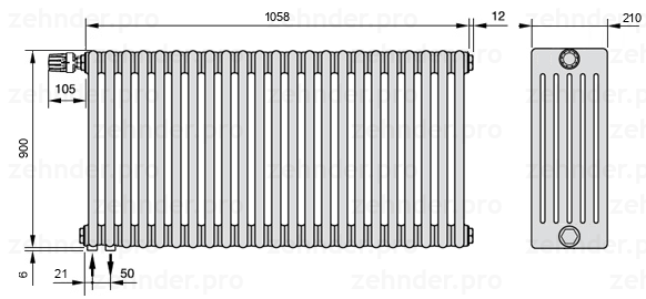Схема (чертеж) Радиатор Zehnder Charleston 6090/23 №V001 Белый глянцевый RAL 9016